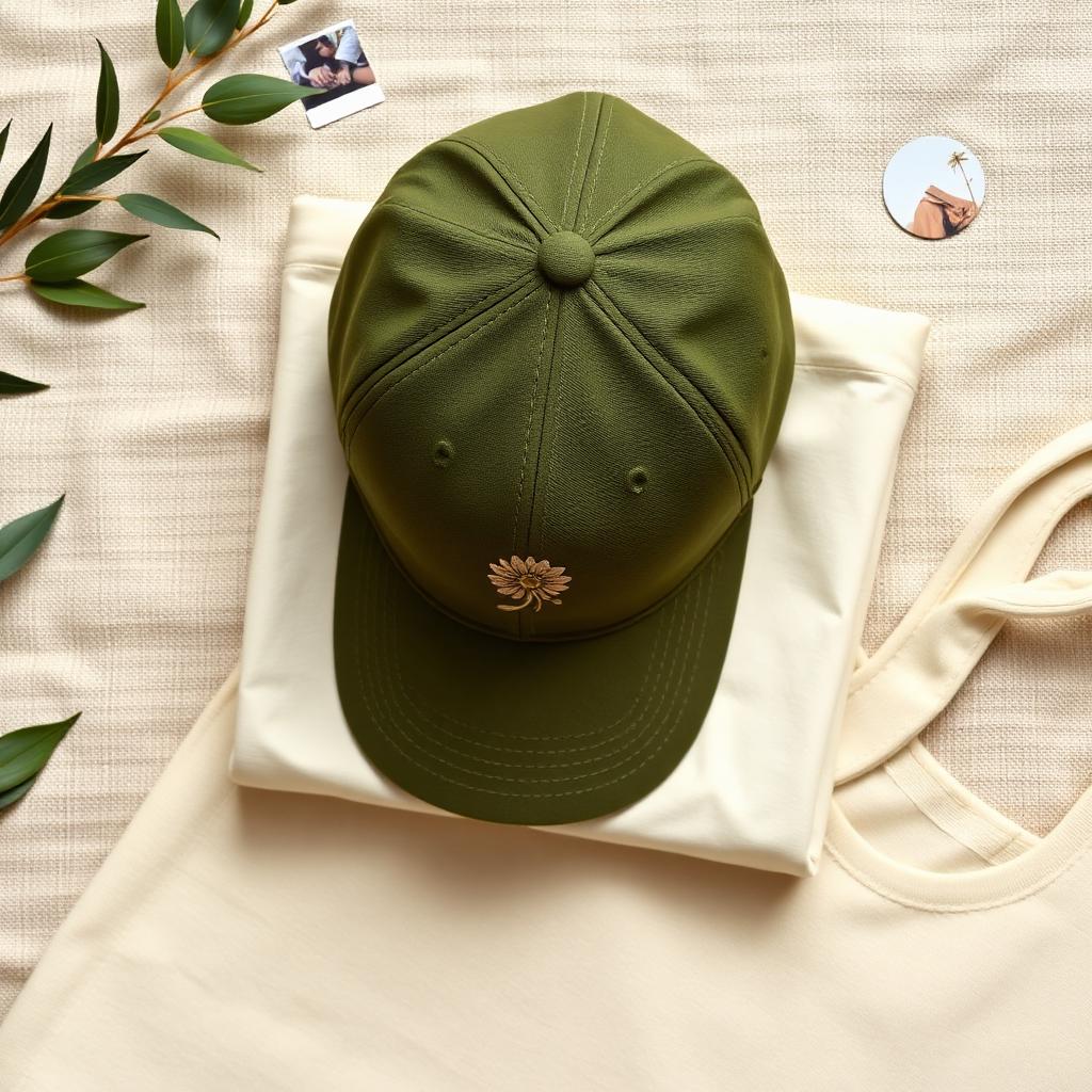 Flat lay of a cap, t-shirt, tote and stickers on natural linen
