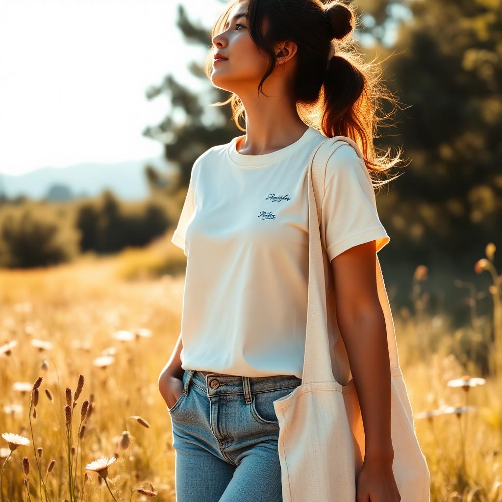 Woman with sanctuary tote bag in a wildflower field