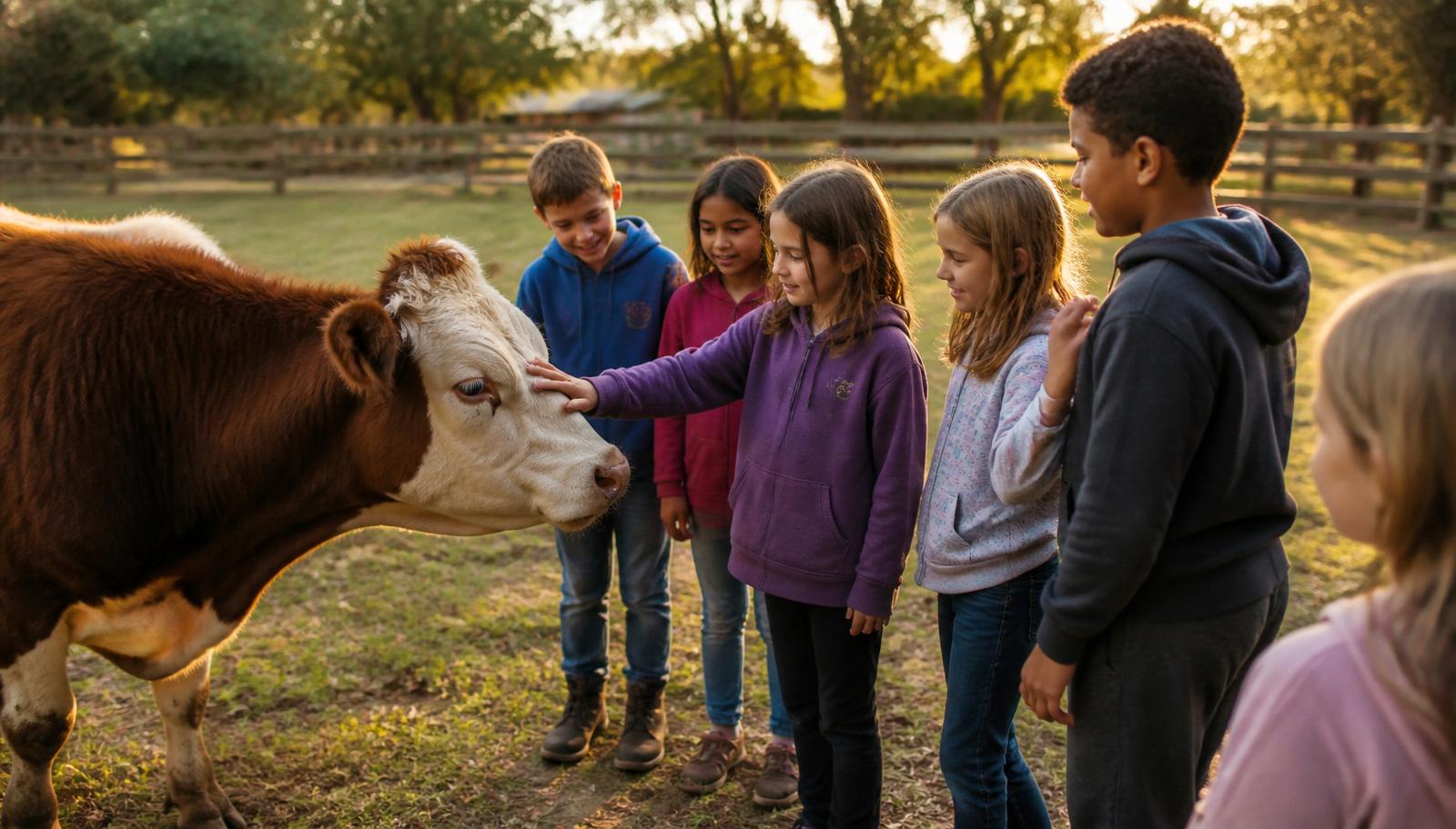 Students meeting a highland calf at the sanctuary